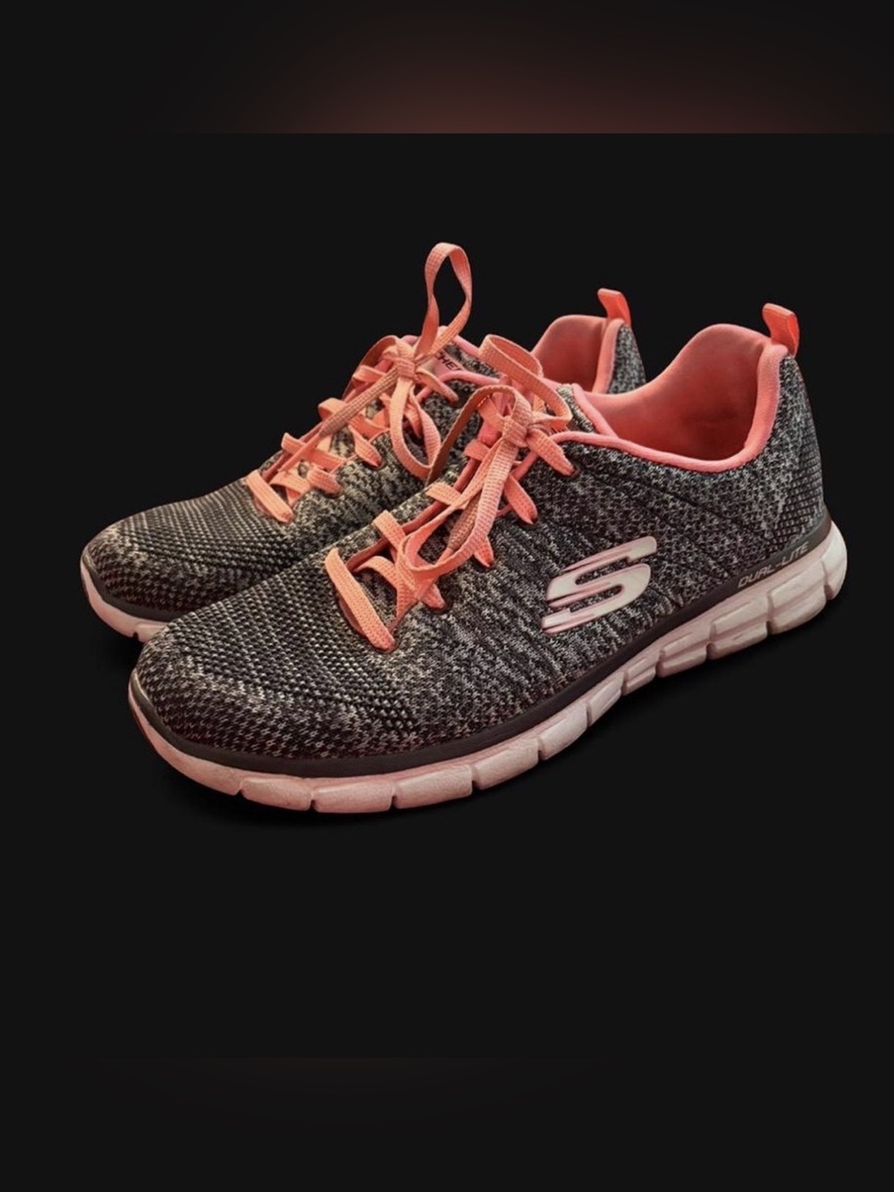 Skechers Women's Gray Knit Athletic Shoes with Coral Accents